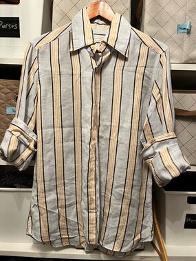 Mastai Ferretti Vertical Striped Button-Down in Light Gray and Beige 100% Linen